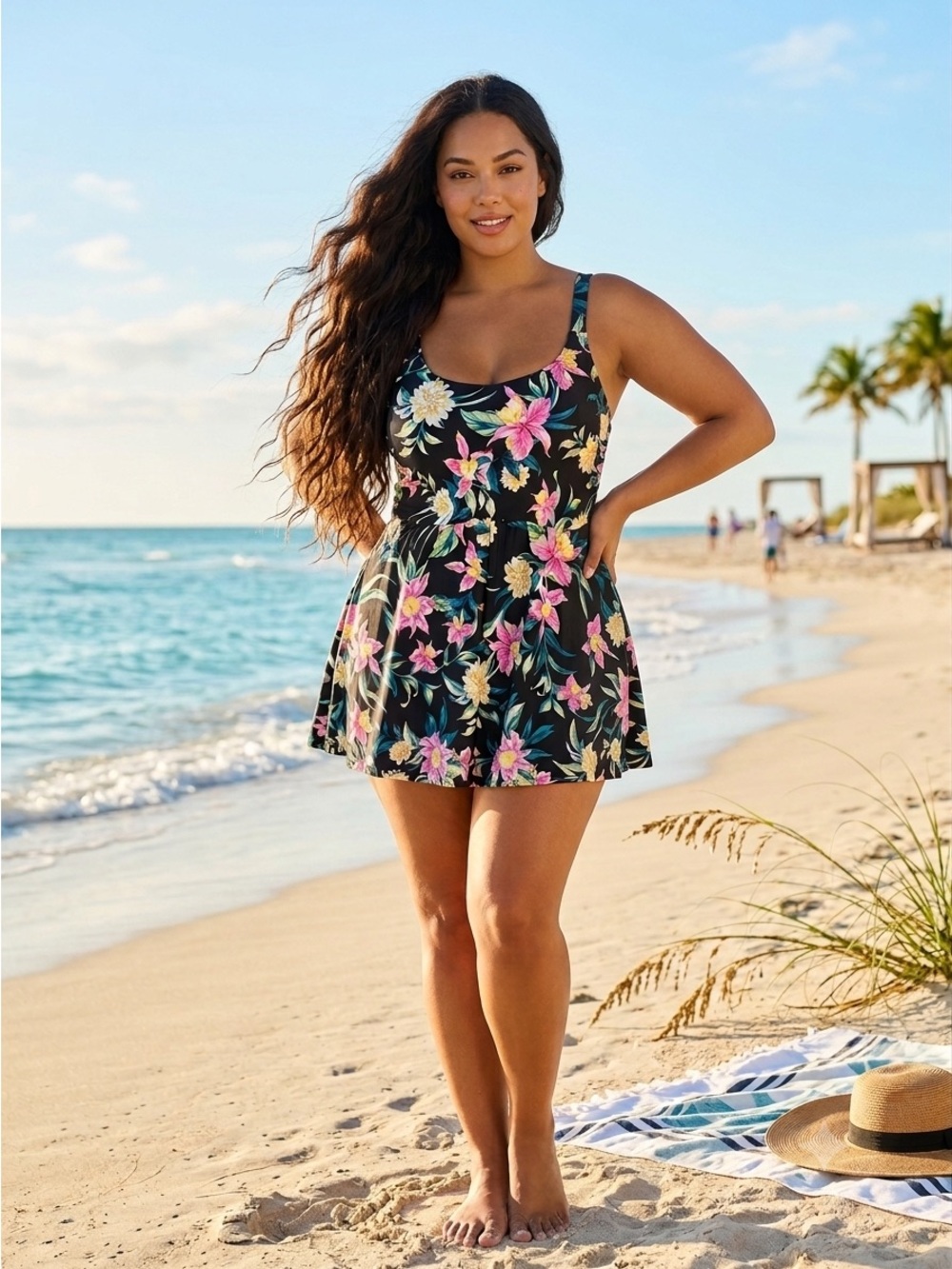 torrid Black Floral Swim Dress Pink and Yellow NWOT